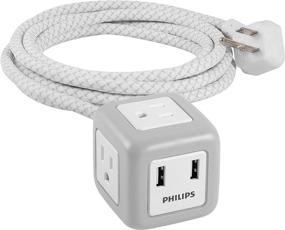 img 2 attached to 💡 Philips Серо-белый 3-розеточный кубик с резиновым покрытием и 2 USB-портами, 2.4A и 10-футовым плетенным шнуром - SPS3102WB/37