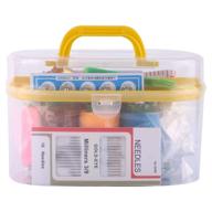 yellow portable sewing kit box - plastic organizer storage box with removable interlayer for 10 sewing tools: needle, tape measure, scissor, thimble logo
