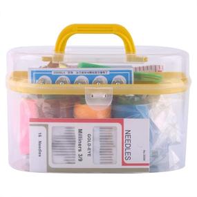 img 4 attached to Yellow Portable Sewing Kit Box - Plastic Organizer Storage Box with Removable Interlayer for 10 Sewing Tools: Needle, Tape Measure, Scissor, Thimble