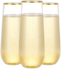 img 4 attached to N9R 12 Pack Plastic Champagne Flutes, 9oz Stemless Disposable Gold Rimmed Toasting Glasses, Crystal Clear Cocktail Cups Drinkware Shatterproof Perfect for Party Wedding Birthday