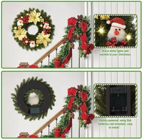 img 1 attached to 🎄 YoleShy 15.7 Inch Battery Operated Christmas Wreaths with Lights - Pine, Gold Poinsettia, and Santa Claus Décor for Front Door, Window, Fireplace - Indoor and Outdoor Xmas Wreath Use