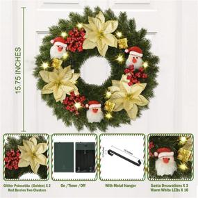 img 2 attached to 🎄 YoleShy 15.7 Inch Battery Operated Christmas Wreaths with Lights - Pine, Gold Poinsettia, and Santa Claus Décor for Front Door, Window, Fireplace - Indoor and Outdoor Xmas Wreath Use