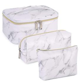 img 4 attached to 💄 WANDF Makeup Bag Set - Toiletry Bag Trio, Portable Cosmetic Pouches for Women, Travel Organizers in Water-resistant Design (Marble White)