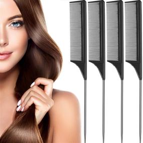 img 4 attached to 🔥 Premium 4 Pack Metal Rat Tail Comb with Stainless Steel Pins: Black Carbon Fiber Teasing Comb for Various Hair Types