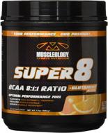 💪 muscleology super 8 bcaa 8:1:1 ratio + glutamine blend, orange flavor, 30 servings - sports nutrition supplement logo