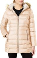 hfx women's 3/4 puffer jacket with faux fur hood and adjustable cinched sides logo