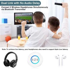 img 2 attached to 📶 Friencity Bluetooth 5.0 Transmitter for TV & PC, Low Latency Wireless 3.5mm Aux Adapter for Home Stereo, Radio & Projector - Connect Two Headphones Simultaneously (apt-X, DVD, Xbox, PS4, RCA Compatible)