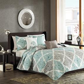 img 2 attached to 🌿 Madison Park Claire Leaf Geometric Quilted Coverlet - 6 Pc Ultra Soft Microfiber Bedding Set, King/Cal King(104"x94"), Diamond Aqua