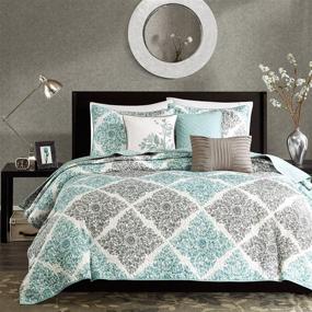 img 4 attached to 🌿 Madison Park Claire Leaf Geometric Quilted Coverlet - 6 Pc Ultra Soft Microfiber Bedding Set, King/Cal King(104"x94"), Diamond Aqua