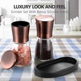 img 3 attached to 🌶️ Premium Bronze Pepper Grinder Set with Silicone Stand - Adjustable Ceramic Coarseness, Stainless Steel, Glass Body (2 pcs)