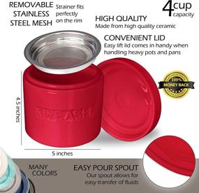 img 1 attached to 🥓 Bacon Grease Oil Container with Stainless Strainer - Paleo Keto Pour Spout - Ceramic Porcelain Stoneware Fat Separator Filter - Multiple Colors (RED)