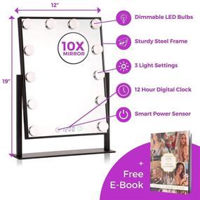 img 2 attached to 💄 Estala Large Vanity Mirror with Lights - Hollywood Lighted Makeup Mirror Set with Smart Touch Dimmable LED Lights, Digital Clock, and Free eBook on Makeup Organizers - Bathroom Mirrors for Vanity with Black Frame