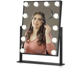 img 4 attached to 💄 Estala Large Vanity Mirror with Lights - Hollywood Lighted Makeup Mirror Set with Smart Touch Dimmable LED Lights, Digital Clock, and Free eBook on Makeup Organizers - Bathroom Mirrors for Vanity with Black Frame