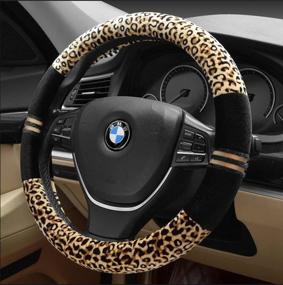 img 3 attached to Роскошный руль с леопардовым рисунком из мягкого плюша - универсально подходит, теплый и модный для автомобиля (бежевый+черный)