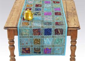 img 1 attached to 🌟 Stunning Blue Embroidered Table Runner with Patchwork Design