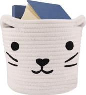 🐱 8''x7'' small baby hamper white cotton rope basket - lontan washable baby nursery hamper cute cat design - baby gift basket collapsible organizer for snacks and pens logo