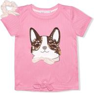 adorable young hearts girl's dog sequin bow tee shirt with hair scrunchie - pink striped top for fashionable & fun-loving kids logo