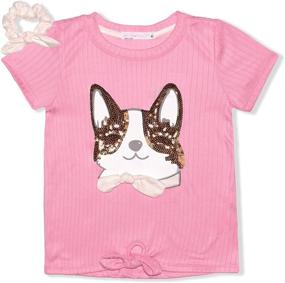 img 3 attached to Adorable Young Hearts Girl's Dog Sequin Bow Tee Shirt with Hair Scrunchie - Pink Striped Top for Fashionable & Fun-loving Kids