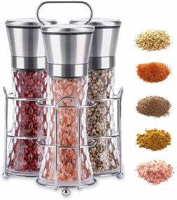 img 4 attached to DGJFYX Salt And Pepper Grinder - Premium Set of 3: Refillable Black Pepper and Adjustable Salt Mill with Anti-Slip Glass, Portable Stand, and 6 Oz Ceramic Grinders