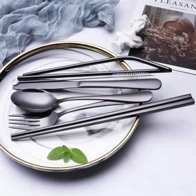 img 1 attached to 🍴 Black Stainless Steel Flatware Set - Portable Utensil Travel Silverware, Camping Cutlery Kit with Waterproof Case