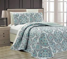img 1 attached to 🛏️ Medallion Print Reversible Oversized Bedspread Set - Linen Plus King/California King 3pc - Navy Blue White Teal Aqua Taupe - Brand New