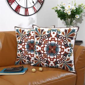 img 3 attached to 🛋️ Pack of 2 Embroidered Bohemian Throw Pillow Covers with Hidden Zipper - 18x18 Inch Tapestry Style Couch Pillow Cases for Living Room, Sofa, Chair - 100% Cotton