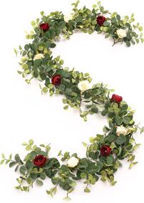 img 4 attached to 🌹 MISSPIN 6.9ft Eucalyptus Garland with Flowers -12 Peonies - Artificial Floral Greenery Garland for Wedding Table Decor (Burgundy Red, 1)