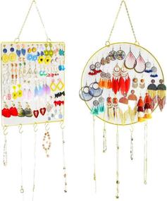 img 4 attached to 📿 Dual Pack Earring Organizer: Wall Mounted Hanging Earring Holder, Stylish Stud & Dangle Earring Display, Decorative Jewelry Organizer with 10 Hooks for Necklaces & Bracelets