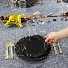 img 1 attached to 🎃 Nervure 96PCS Black with Gold Plastic Plates – Premium Disposable Plastic Plates Set Including 48PCS 10.25inch Dinner Plates, 48PCS 7.5inch Salad/Dessert Plates for Halloween &amp; Party Decorations