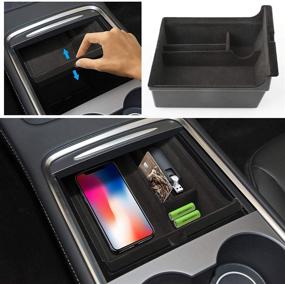 img 4 attached to 🧩 2021 Tesla Model 3 Model Y Center Console Organizer Tray - Flocked Armrest Hidden Cubby Drawer for Interior Storage
