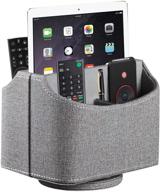 📱 grey leather remote control holder: 360 degree spinning desk tv caddy with multi-purpose organizer for controller, media, mail, calculator, mobile phone and pen storage logo