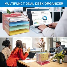 img 1 attached to 📎 Rose Gold Mesh Office Desk Organizer with 4 Letter Paper Trays - Stylish Metal Desktop Document Holder