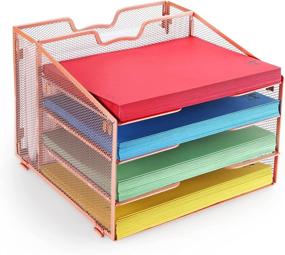 img 4 attached to 📎 Rose Gold Mesh Office Desk Organizer with 4 Letter Paper Trays - Stylish Metal Desktop Document Holder