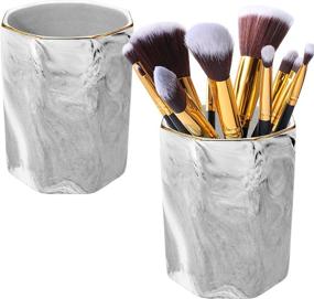 img 4 attached to 🖊️ Ceramic Pen Holder Stand - Marble Pattern Makeup Brush Cup for Girls and Women - Desk Accessories Desk organizer Pencil Holder Pot - Ideal Gift for Office and Home (Gray) - 2 Pack