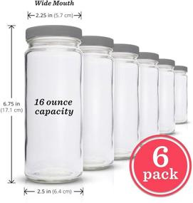 img 1 attached to 🍶 Durable Glass Water Bottles Set - 6 Pack Wide Mouth with Lids for Juice, Smoothies, Beverage Storage - 16 oz, Eco Friendly & BPA Free - Reusable, Dishwasher Safe, Leak Proof, Grey Caps