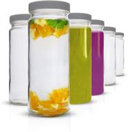 🍶 durable glass water bottles set - 6 pack wide mouth with lids for juice, smoothies, beverage storage - 16 oz, eco friendly & bpa free - reusable, dishwasher safe, leak proof, grey caps logo