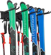 🎿 heavy duty ski wall rack - holds 4 pairs of skis, ski poles, or snowboard for home and garage storage - wall mounted with adjustable rubber-coated hooks logo