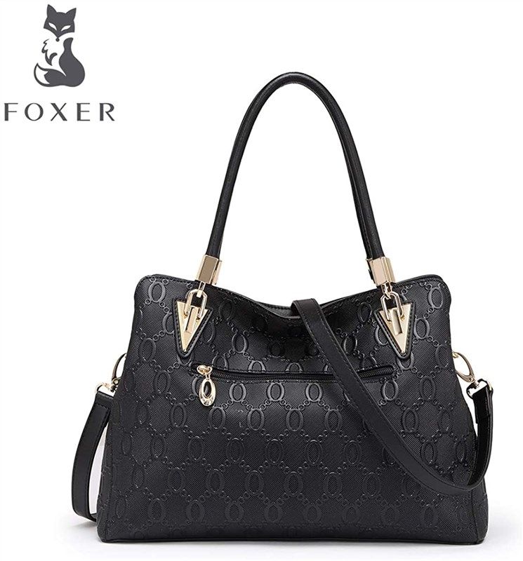 Foxer Leather Handbags for Women, Cow Leather Lock Chain Pattern Ladies Women's Designer Tote Bag with Adjustable Shoulder Strap Top Handle Bag