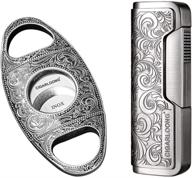 cigarloong silver cigar cutter and lighter set with sharpening blade - engraved guillotine and retro carved lighter logo