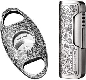 img 4 attached to CIGARLOONG Silver Cigar Cutter and Lighter Set with Sharpening Blade - Engraved Guillotine and Retro Carved Lighter