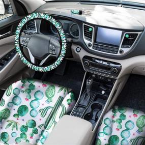 img 3 attached to 10-Piece Cactus Car Seat Covers Set with 2 Bonus Seat Belt Shoulder Pads, Steering Wheel Cover, 2 Car Vent Clips, and 3 Cactus Print Key Rings