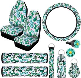 img 4 attached to 10-Piece Cactus Car Seat Covers Set with 2 Bonus Seat Belt Shoulder Pads, Steering Wheel Cover, 2 Car Vent Clips, and 3 Cactus Print Key Rings