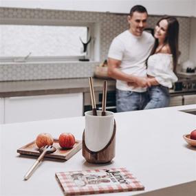 img 2 attached to 🍴 Modern White Ceramic Utensil Holder with Wooden Countertop-Protection Case - Large Kitchen Utensil Crock for Easy Cleaning and Angled Utensils Storage - Size: 7.5" x 5