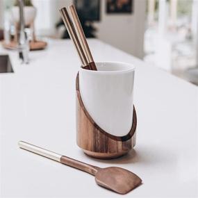 img 3 attached to 🍴 Modern White Ceramic Utensil Holder with Wooden Countertop-Protection Case - Large Kitchen Utensil Crock for Easy Cleaning and Angled Utensils Storage - Size: 7.5" x 5