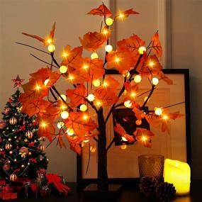 img 4 attached to 🍁 YEECHUN 24 Inch Artificial Fall Lighted Maple Tree with 24 LED Pumpkin Lights - Perfect for Halloween, Thanksgiving, Christmas & Harvest Home Decoration - Battery Operated