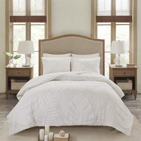 img 4 attached to 🛏️ Modern Luxe All Season Comforter Cover Bed Set with Matching Shams - Madison Park Tufted Chenille 100% Cotton Duvet, Bahari Palm Leaf Off White Full/Queen (90"x90") - 3 Piece Set