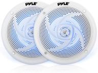 pyle low-profile waterproof marine speakers - 240w 6.5 inch 2 way 1 pair slim style - outdoor audio stereo sound system with blue illuminating led lights (white) logo