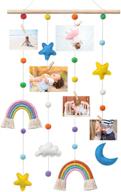 dahey hanging photo display with pom pom rainbow decoration - cute wall hanging picture organizer for boho home decor - collage picture frames for nursery, baby, kid's room, bedroom, dorm - includes 25 wooden clips логотип