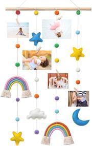 img 4 attached to Dahey Hanging Photo Display with Pom Pom Rainbow Decoration - Cute Wall Hanging Picture Organizer for Boho Home Decor - Collage Picture Frames for Nursery, Baby, Kid's Room, Bedroom, Dorm - Includes 25 Wooden Clips