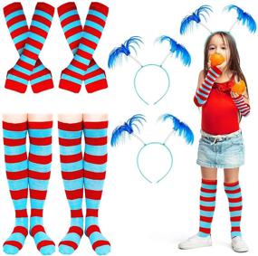 img 4 attached to 🧦 Striped Knee Thigh High Socks & Arm Warmer Thumb Hole Gloves, Blue Feathers Headband Bopper- Halloween Costume